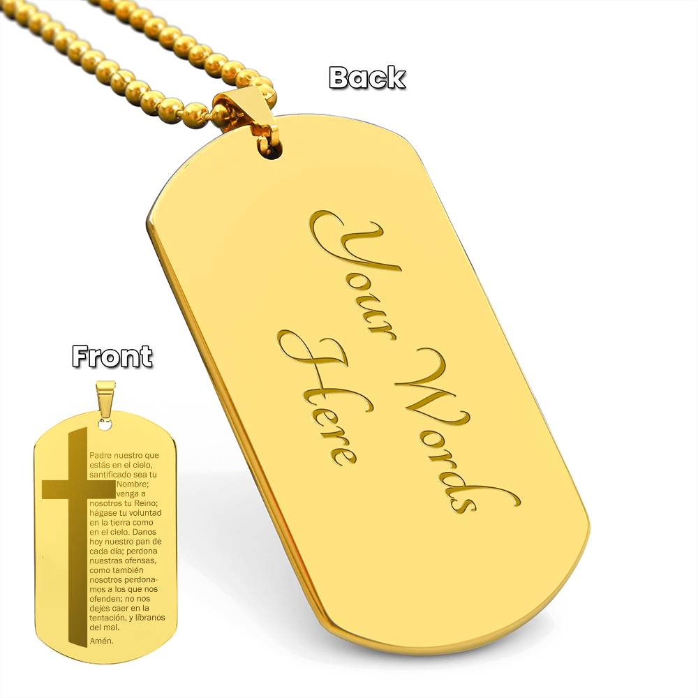 Lords Prayer Spanish Padre Nuestro Engraved Dog Tag Necklace Stainless Steel or 18k Gold w 24" Chain-Express Your Love Gifts