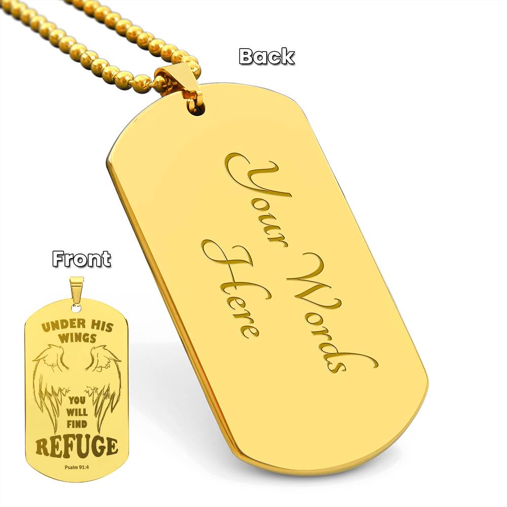 Psalm 91 Refuge Under His Wings Engraved Dog Tag Necklace Stainless Steel or 18k Gold w 24" Chain-Express Your Love Gifts