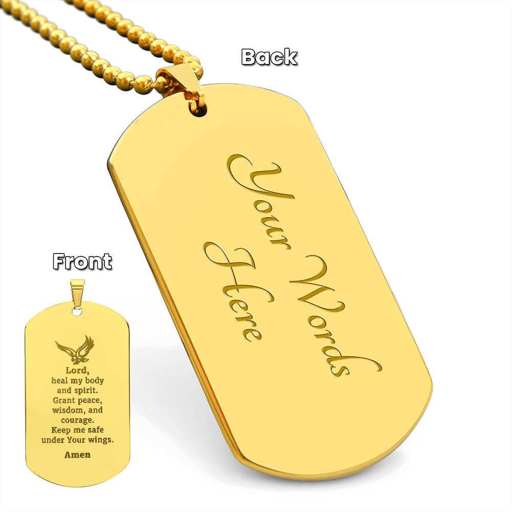 Veterans Prayer Engraved Dog Tag Bible Necklace Stainless Steel or 18k Gold w 24" Chain