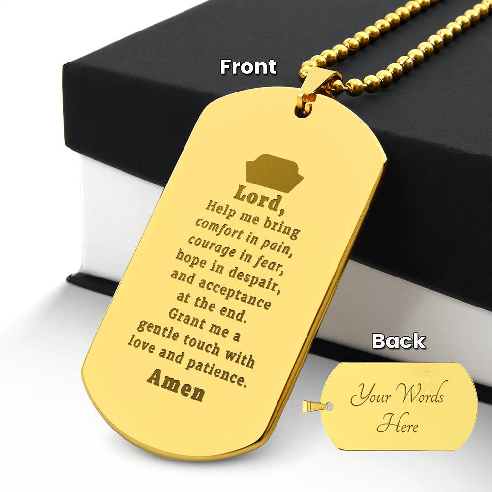 Nurses Prayer Engraved Dog Tag Bible Necklace Stainless Steel or 18k Gold w 24" Chain