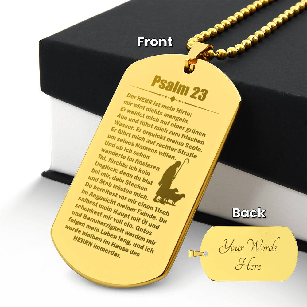 Psalm 23 German Engraved Dog Tag Necklace Stainless Steel or 18k Gold w 24" Chain-Express Your Love Gifts