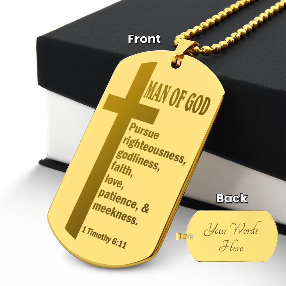 Man of God Pursuing 1 Timothy 6.11 Engraved Dog Tag Necklace Stainless Steel or 18k Gold w 24" Chain-Express Your Love Gifts