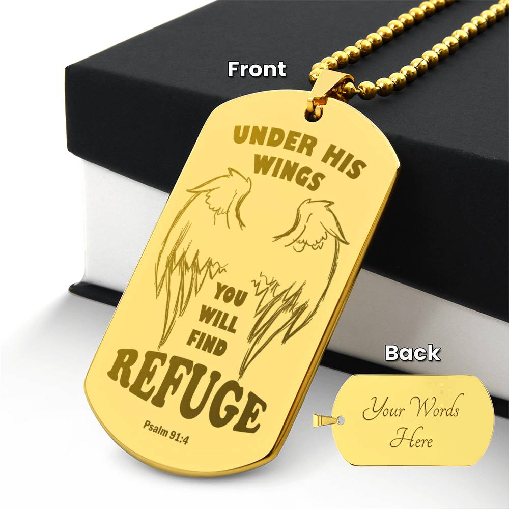 Psalm 91 Refuge Under His Wings Engraved Dog Tag Necklace Stainless Steel or 18k Gold w 24" Chain-Express Your Love Gifts