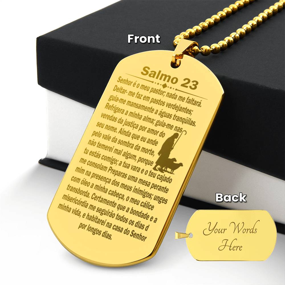 Psalm 23 Portuguese Salmo 23 Engraved Dog Tag Necklace Stainless Steel or 18k Gold w 24" Chain-Express Your Love Gifts