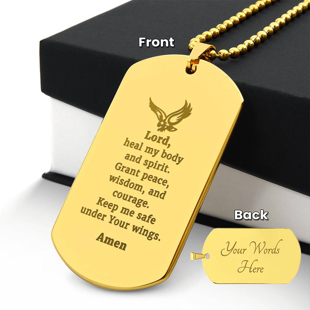 Veterans Prayer Engraved Dog Tag Bible Necklace Stainless Steel or 18k Gold w 24" Chain