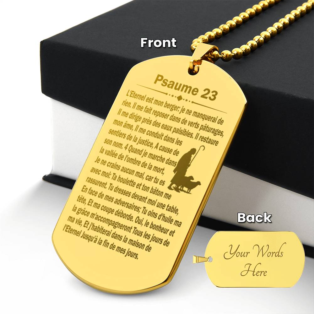 Psalm 23 French Psaume 23 Engraved Dog Tag Necklace Stainless Steel or 18k Gold w 24" Chain-Express Your Love Gifts