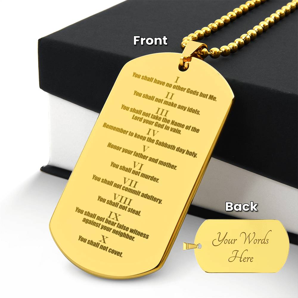 Ten Commandments English Engraved Dog Tag Necklace Stainless Steel or 18k Gold w 24" Chain-Express Your Love Gifts