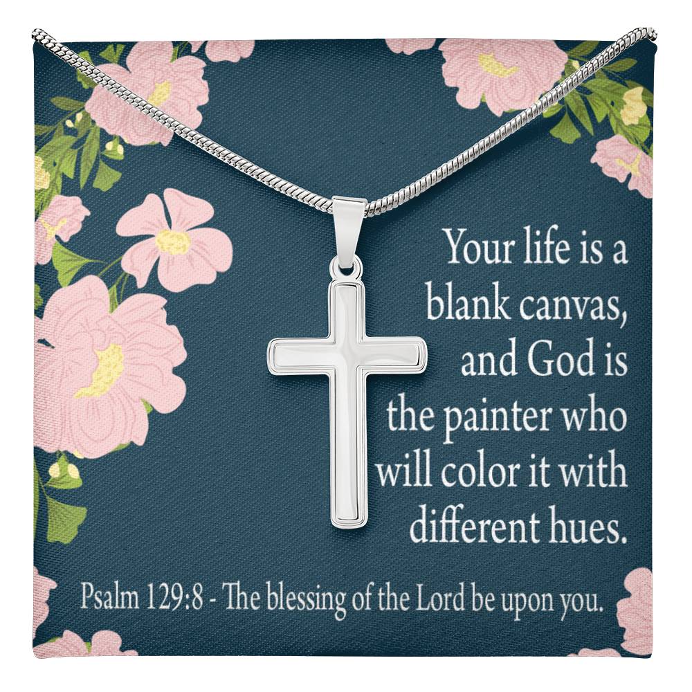Christian Encouragement Blessing On You Psalm 128:9 Cross Card Necklace w Stainless Steel Pendant