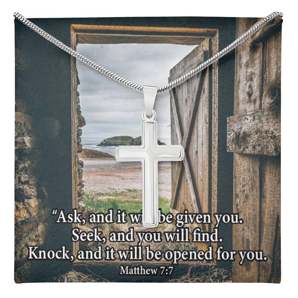 Scripture Card Ask & You Shall Receive Matthew 7:7 Cross Card Necklace w Stainless Steel Pendant Religious