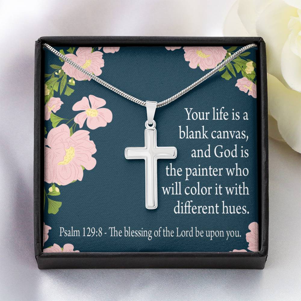 Christian Encouragement Blessing On You Psalm 128:9 Cross Card Necklace w Stainless Steel Pendant