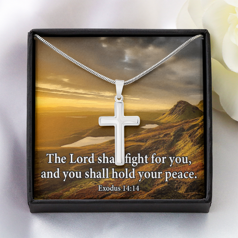 Scripture Card Exodus 14:14 Cross Card Necklace w Stainless Steel Pendant Religious