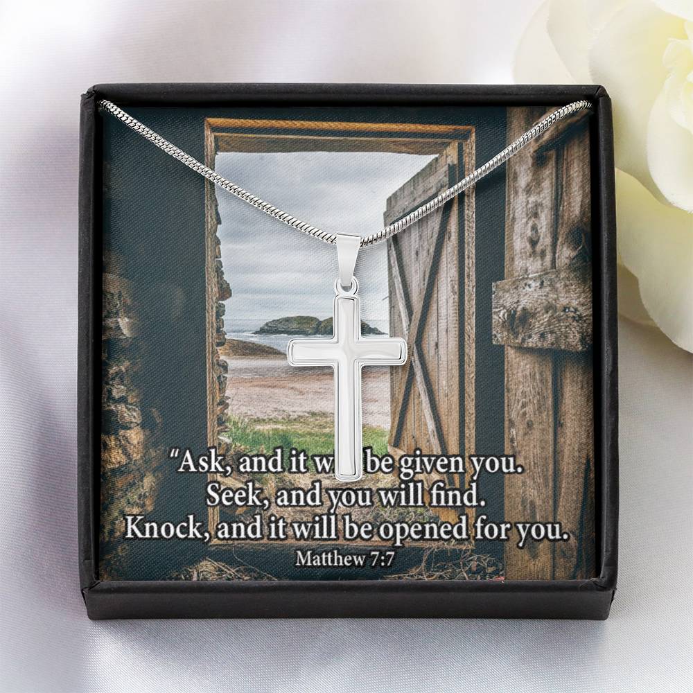 Scripture Card Ask & You Shall Receive Matthew 7:7 Cross Card Necklace w Stainless Steel Pendant Religious