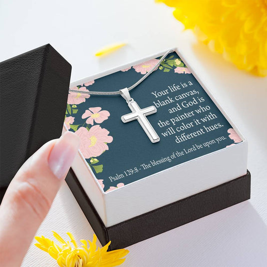 Christian Encouragement Blessing On You Psalm 128:9 Cross Card Necklace w Stainless Steel Pendant