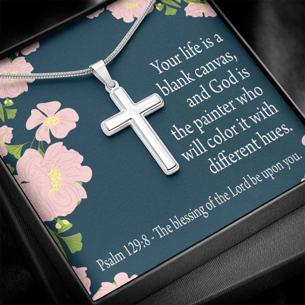 Christian Encouragement Blessing On You Psalm 128:9 Cross Card Necklace w Stainless Steel Pendant