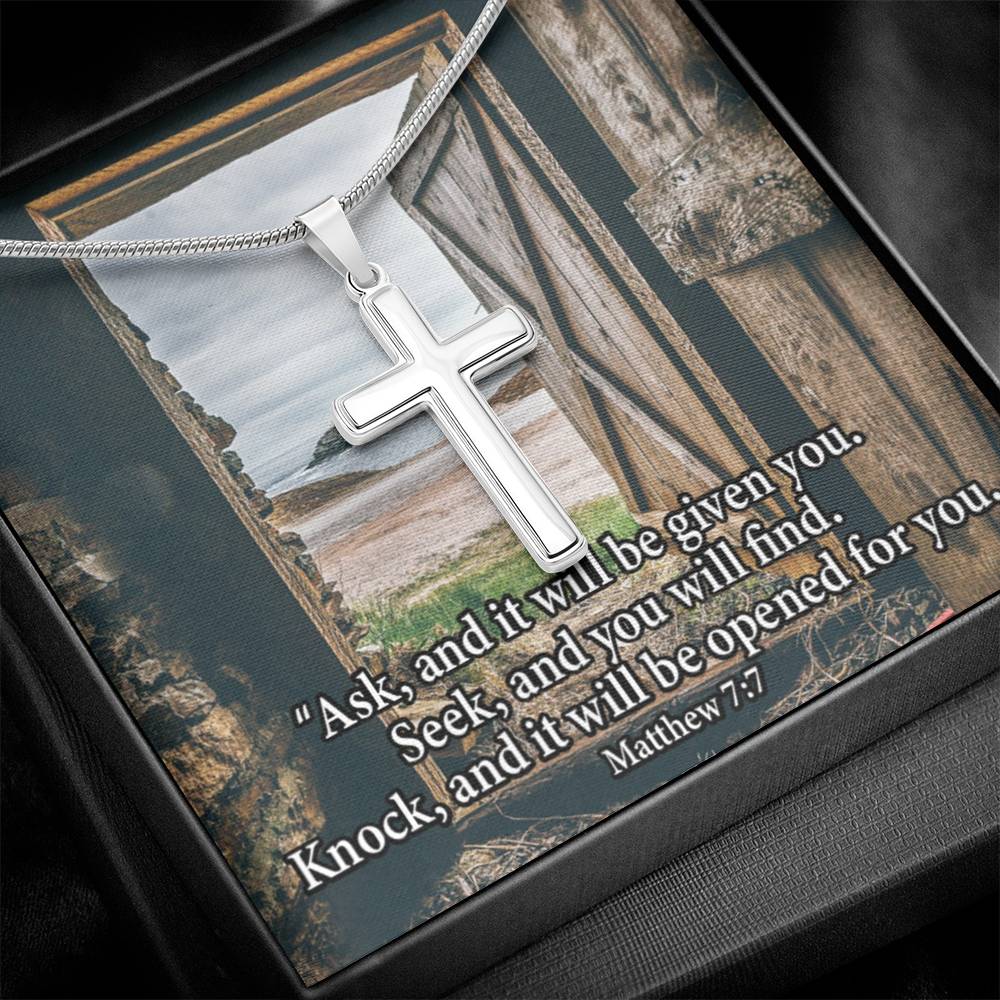 Scripture Card Ask & You Shall Receive Matthew 7:7 Cross Card Necklace w Stainless Steel Pendant Religious