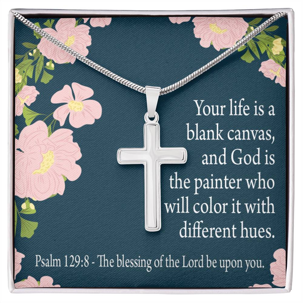Christian Encouragement Blessing On You Psalm 128:9 Cross Card Necklace w Stainless Steel Pendant