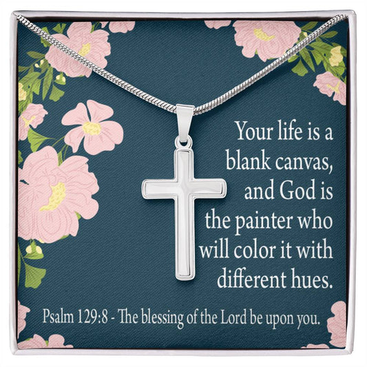 Christian Encouragement Blessing On You Psalm 128:9 Cross Card Necklace w Stainless Steel Pendant