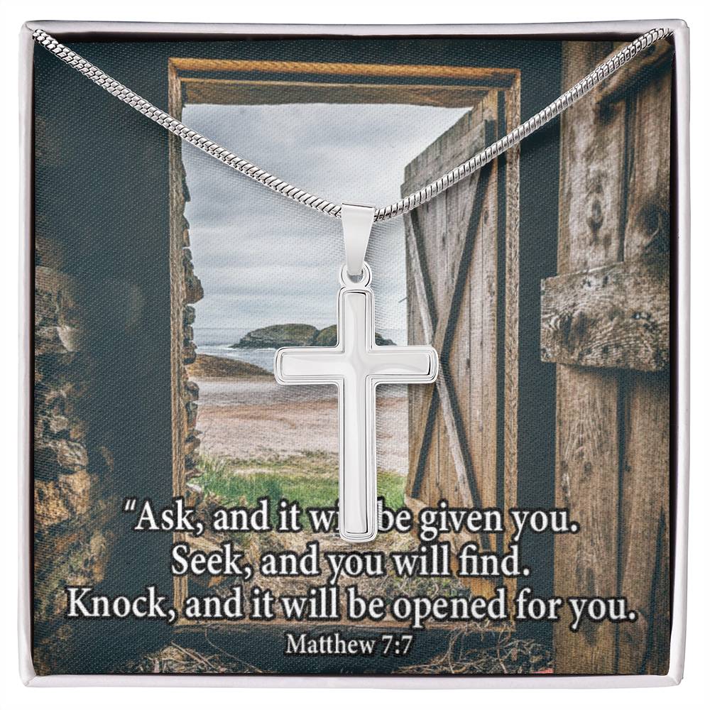 Scripture Card Ask & You Shall Receive Matthew 7:7 Cross Card Necklace w Stainless Steel Pendant Religious
