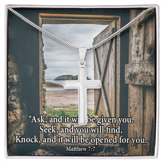 Scripture Card Ask & You Shall Receive Matthew 7:7 Cross Card Necklace w Stainless Steel Pendant Religious