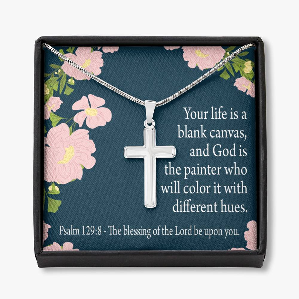 Christian Encouragement Blessing On You Psalm 128:9 Cross Card Necklace w Stainless Steel Pendant