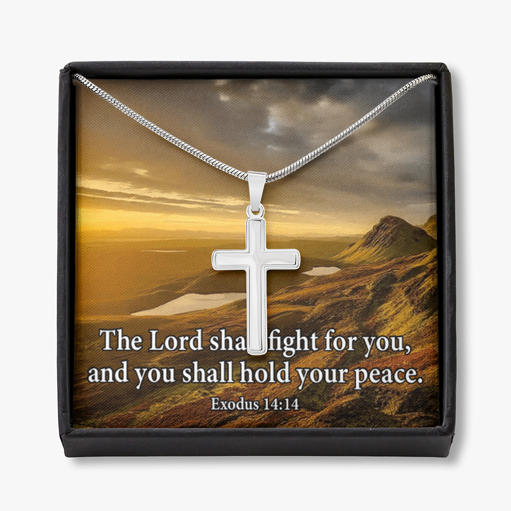 Scripture Card Exodus 14:14 Cross Card Necklace w Stainless Steel Pendant Religious