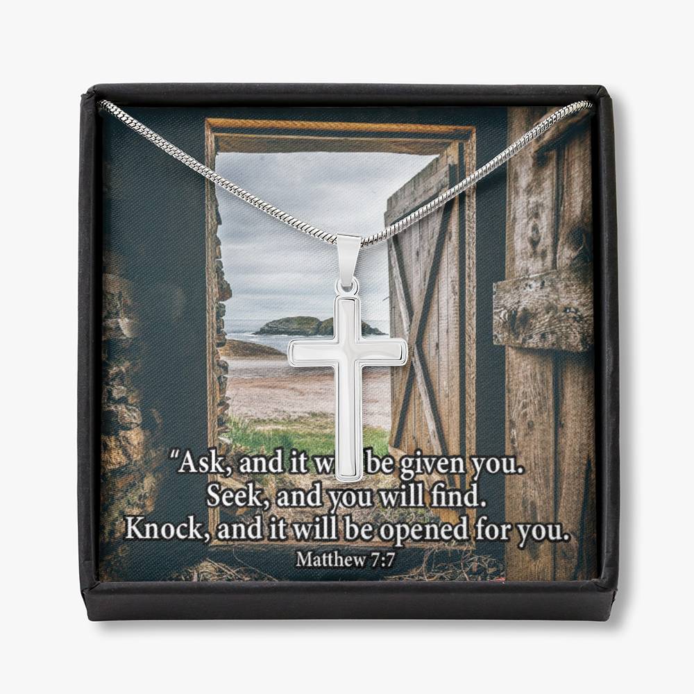 Scripture Card Ask & You Shall Receive Matthew 7:7 Cross Card Necklace w Stainless Steel Pendant Religious