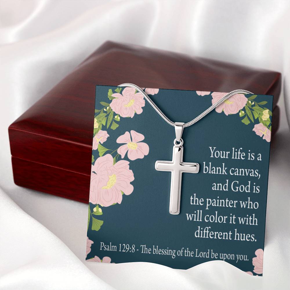 Christian Encouragement Blessing On You Psalm 128:9 Cross Card Necklace w Stainless Steel Pendant