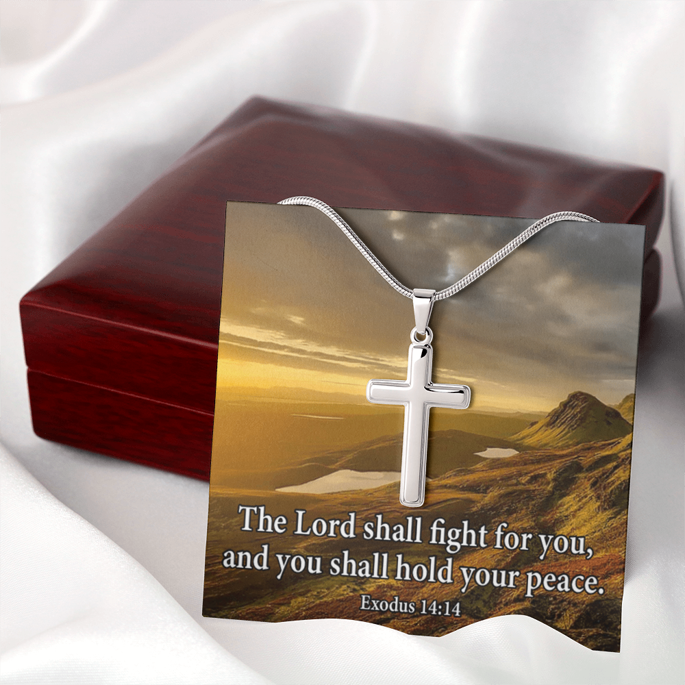 Scripture Card Exodus 14:14 Cross Card Necklace w Stainless Steel Pendant Religious