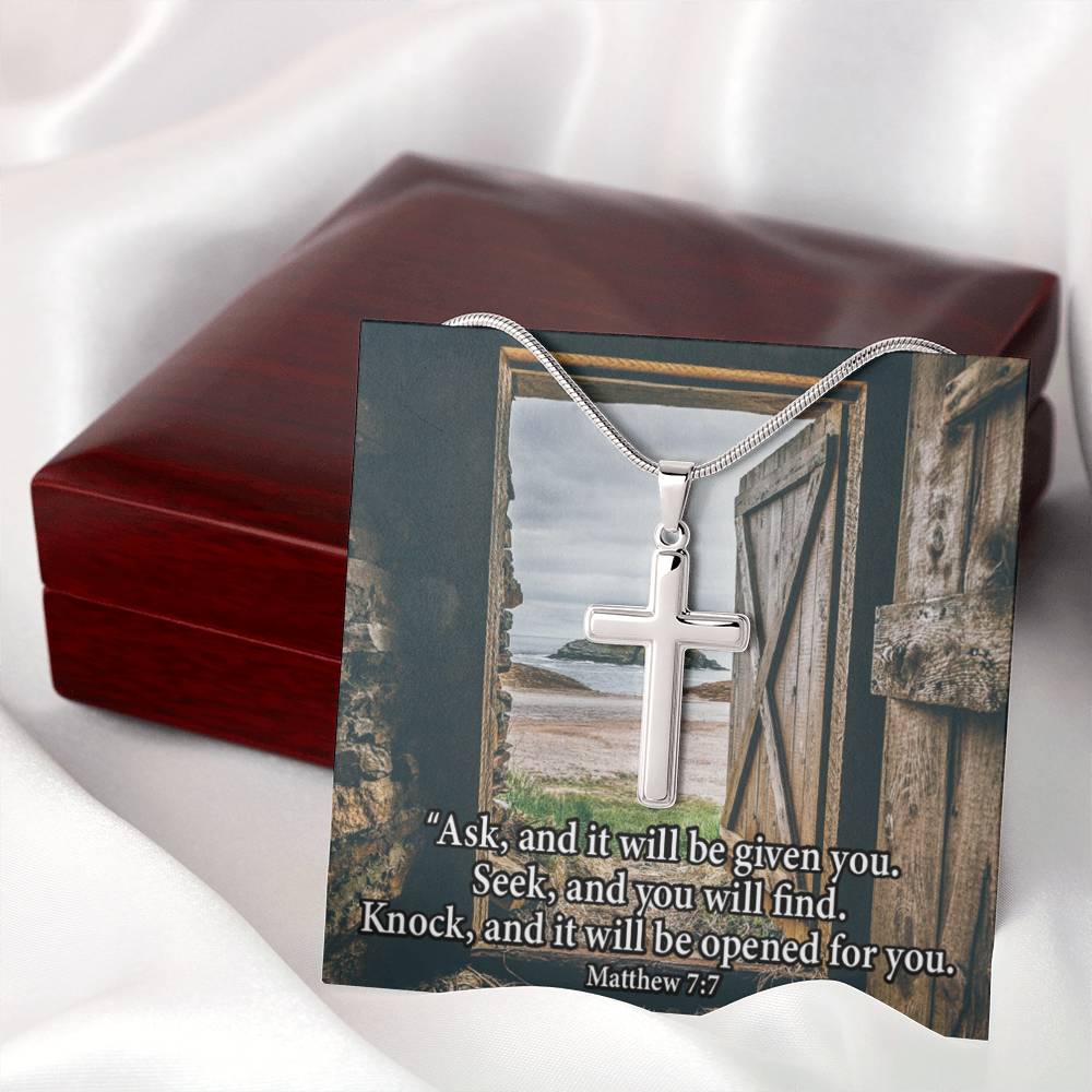 Scripture Card Ask & You Shall Receive Matthew 7:7 Cross Card Necklace w Stainless Steel Pendant Religious