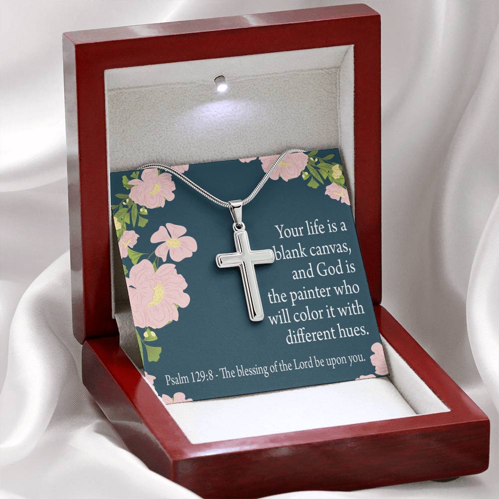 Christian Encouragement Blessing On You Psalm 128:9 Cross Card Necklace w Stainless Steel Pendant