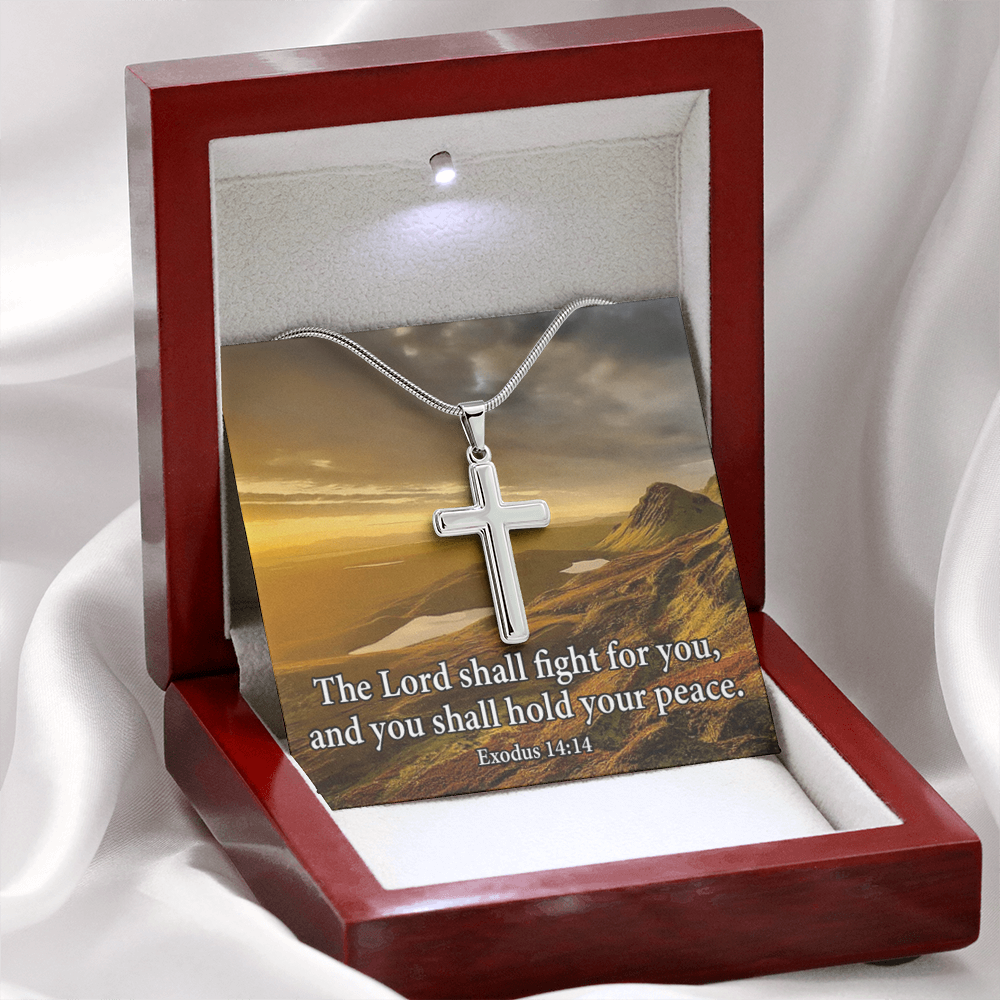 Scripture Card Exodus 14:14 Cross Card Necklace w Stainless Steel Pendant Religious