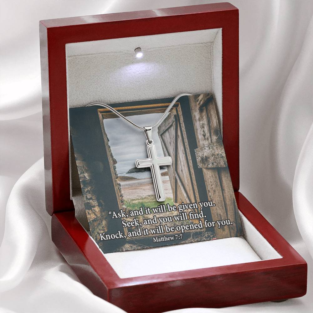 Scripture Card Ask & You Shall Receive Matthew 7:7 Cross Card Necklace w Stainless Steel Pendant Religious