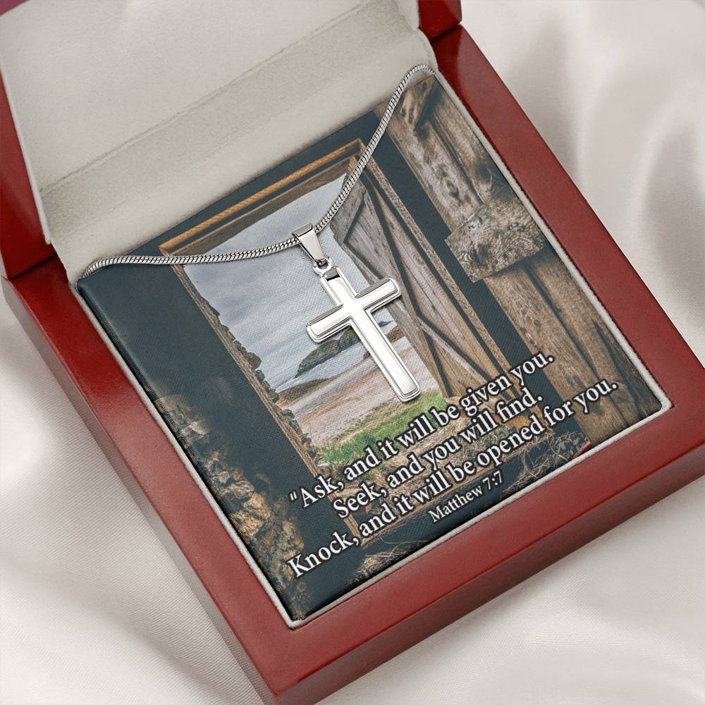 Scripture Card Ask & You Shall Receive Matthew 7:7 Cross Card Necklace w Stainless Steel Pendant Religious