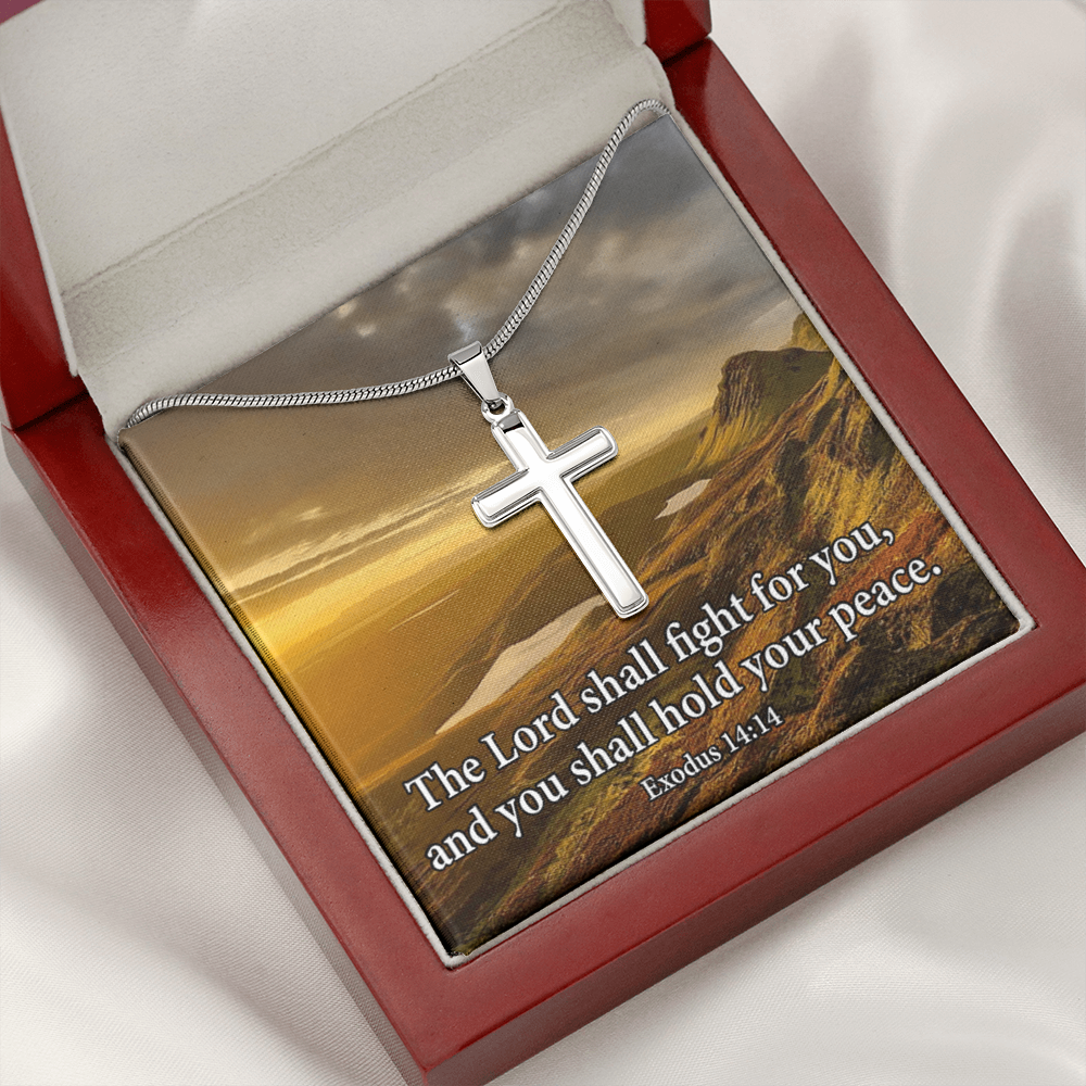 Scripture Card Exodus 14:14 Cross Card Necklace w Stainless Steel Pendant Religious