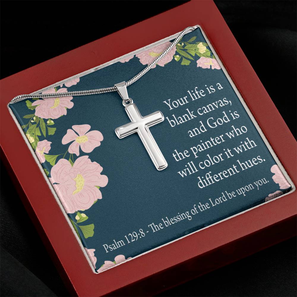 Christian Encouragement Blessing On You Psalm 128:9 Cross Card Necklace w Stainless Steel Pendant