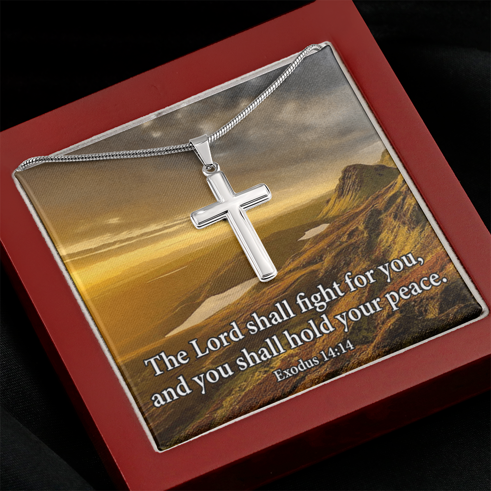 Scripture Card Exodus 14:14 Cross Card Necklace w Stainless Steel Pendant Religious