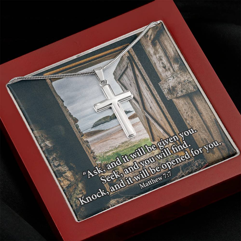 Scripture Card Ask & You Shall Receive Matthew 7:7 Cross Card Necklace w Stainless Steel Pendant Religious