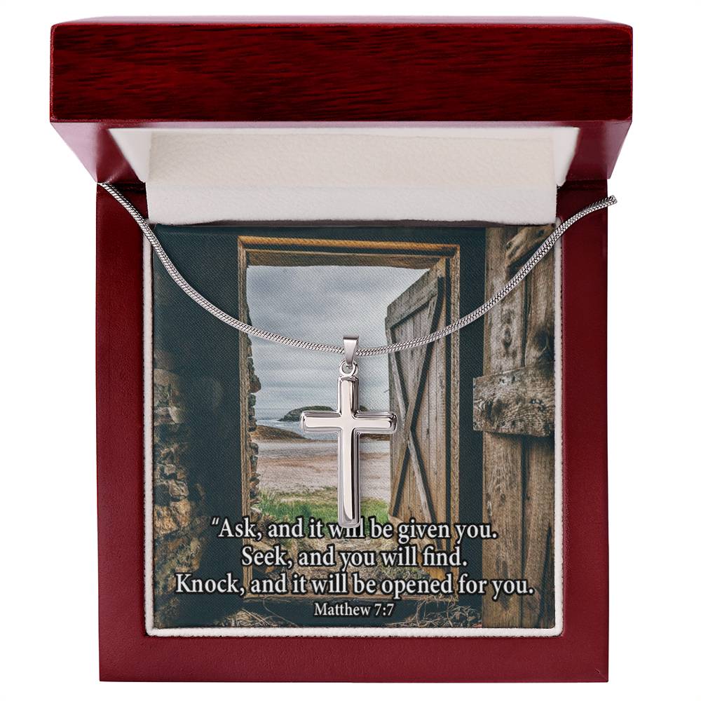 Scripture Card Ask & You Shall Receive Matthew 7:7 Cross Card Necklace w Stainless Steel Pendant Religious