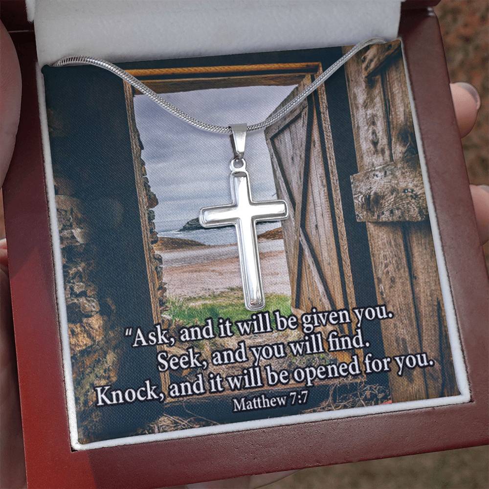 Scripture Card Ask & You Shall Receive Matthew 7:7 Cross Card Necklace w Stainless Steel Pendant Religious