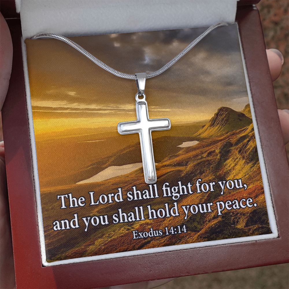 Scripture Card Exodus 14:14 Cross Card Necklace w Stainless Steel Pendant Religious