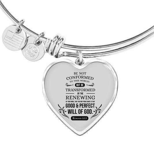 Be Not Conformed Romans 12:2 Bible Verse Heart Bangle Stainless Steel or 18k Gold 18-22"-Express Your Love Gifts