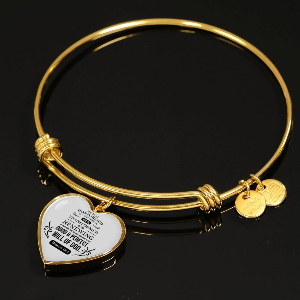 Be Not Conformed Romans 12:2 Bible Verse Heart Bangle Stainless Steel or 18k Gold 18-22"-Express Your Love Gifts