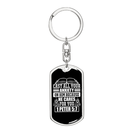 Because He CAres 1 Peter 5:7 Keychain Stainless Steel or 18k Gold Dog Tag Keyring-Express Your Love Gifts