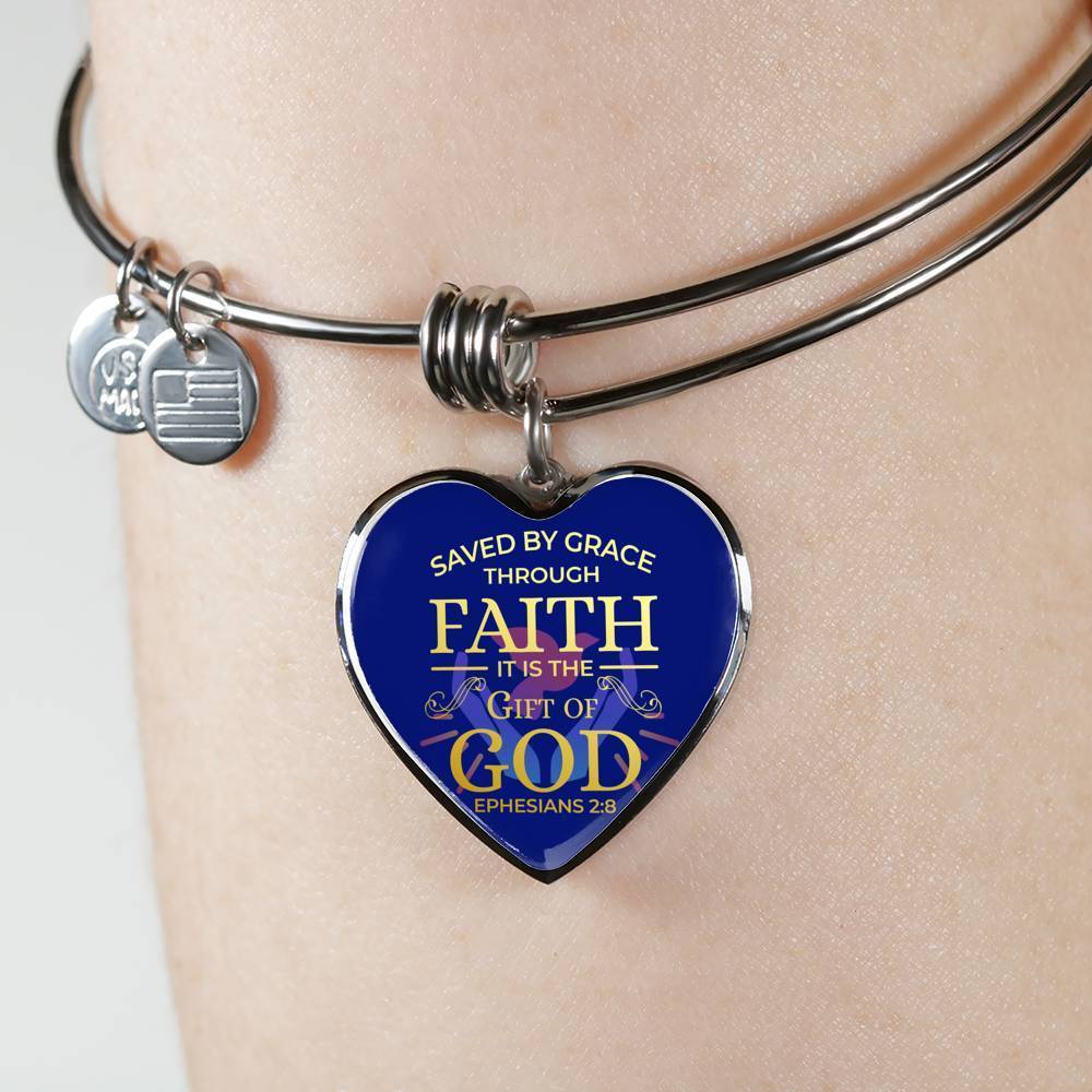 Bible Verse Bracelet Saved By Grace Stainless Steel or 18k Gold Heart Bangle Bracelet - Express Your Love Gifts