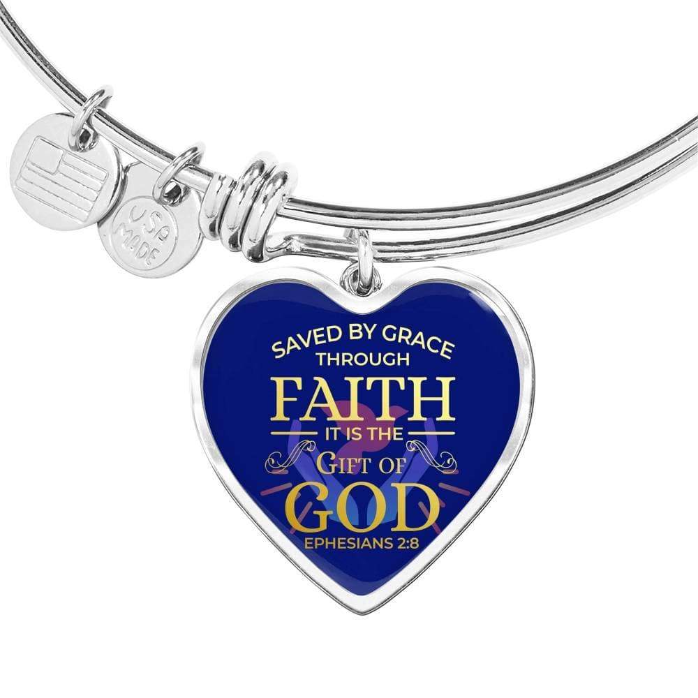 Bible Verse Bracelet Saved By Grace Stainless Steel or 18k Gold Heart Bangle Bracelet