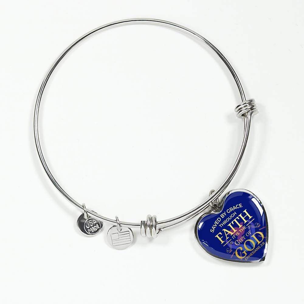 Bible Verse Bracelet Saved By Grace Stainless Steel or 18k Gold Heart Bangle Bracelet - Express Your Love Gifts