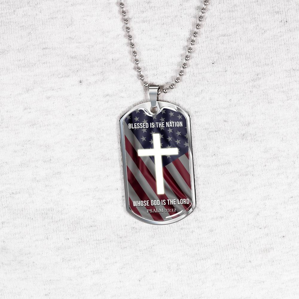 Bible Verse Necklace Blessed Nation Stainless Steel or 18k Gold Dog Tag 24" Chain-Express Your Love Gifts