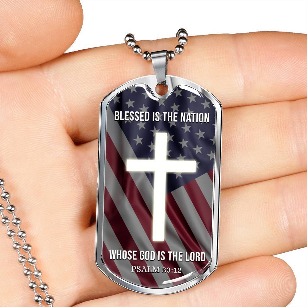 Bible Verse Necklace Blessed Nation Stainless Steel or 18k Gold Dog Tag 24" Chain-Express Your Love Gifts