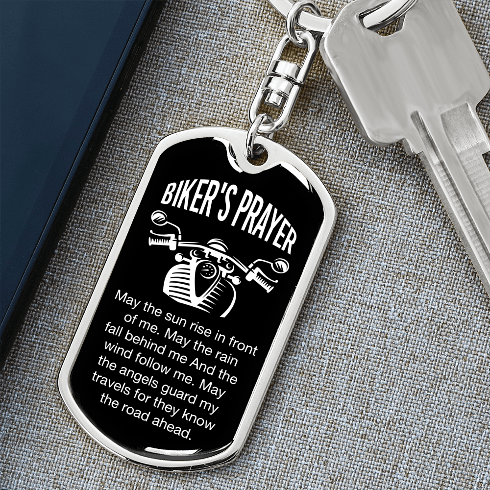 Biker's Prayer Keychain Stainless Steel or 18k Gold Dog Tag Keyring-Express Your Love Gifts