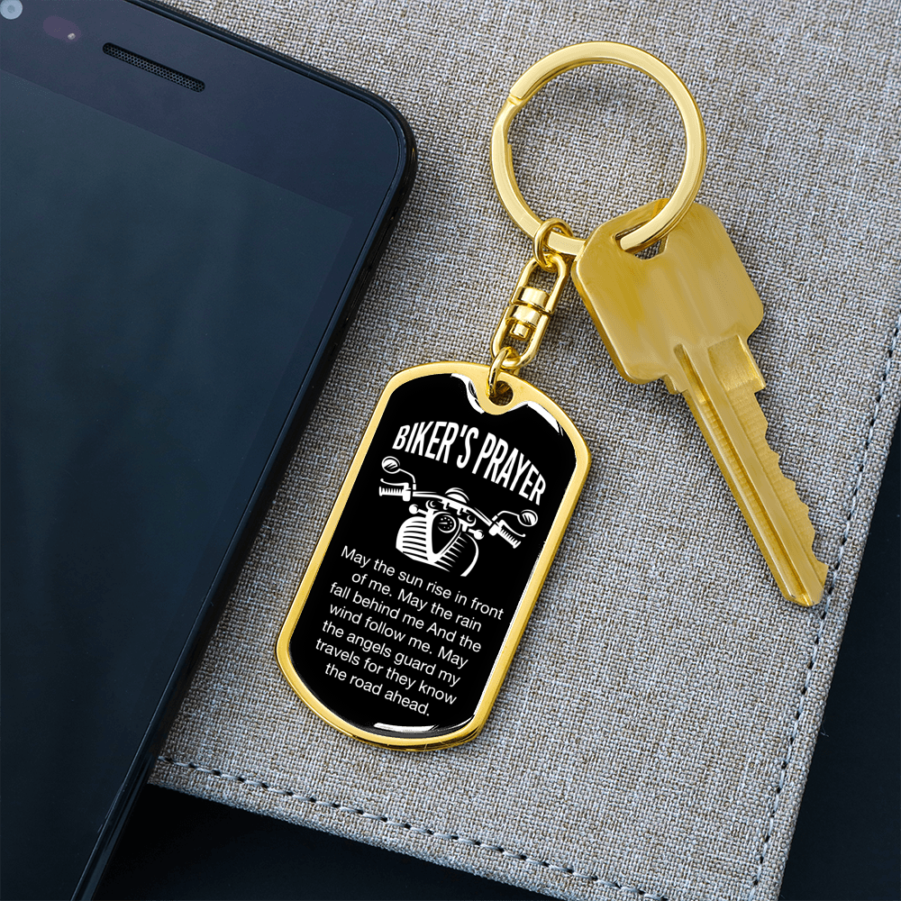 Biker's Prayer Keychain Stainless Steel or 18k Gold Dog Tag Keyring-Express Your Love Gifts